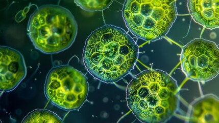 A microscopic image of algae undergoing cell division with each new cell taking on a distinct and symmetrical shape. - obrazy, fototapety, plakaty