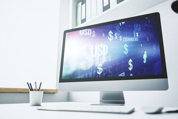 Creative concept of USD symbols illustration on modern laptop screen. Trading and currency concept. 3D Rendering