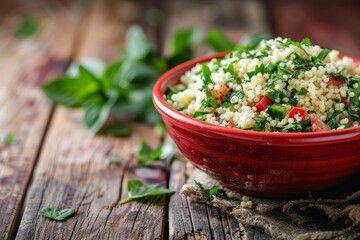Couscous tabbouleh in red bowl on wooden table