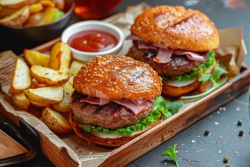 Delicious steak burgers with ham served on a wooden tray with potatoes and sauce