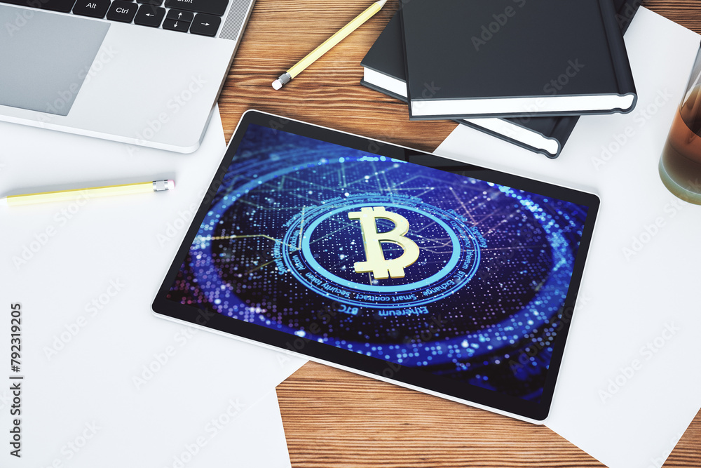 Aufkleber Creative Bitcoin concept on modern digital tablet display. Top view. 3D Rendering