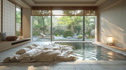 Zen-inspired Serenity: Zen-inspired elements imbue the room with a sense of serenity and tranquility, promoting relaxation and mindfulness.,art photo