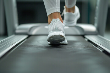 Close-up of feet stepping on a treadmill, beginning of a cardio workout, focus on the movement - obrazy, fototapety, plakaty