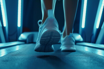 Close-up of feet stepping on a treadmill, beginning of a cardio workout, focus on the movement