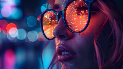 Dramatic Lighting on Individual Wearing Glasses Reflecting Finance Data