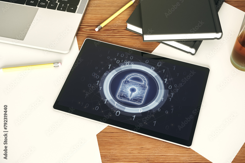 Leinwandbilder modern digital tablet display with creative light lock illustration and microcircuit, cyber security