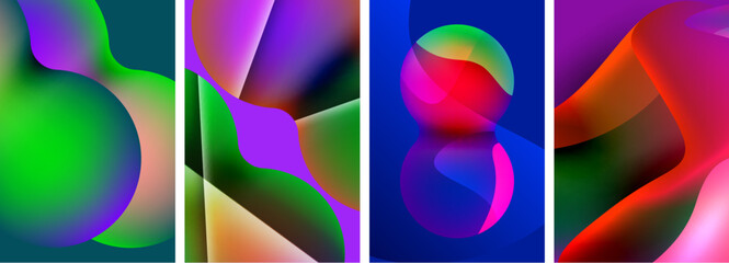 A vibrant display of colorfulness with four abstract images in shades of purple, magenta, and electric blue on a blue background, creating an artistic collage