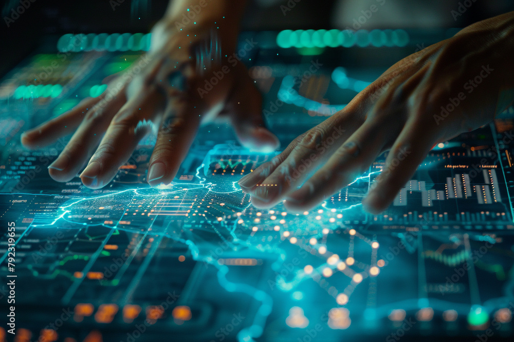 Poster close-up of hands analyzing global economic data on interactive digital screens