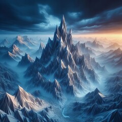 Dramatic Paper Mountain Landscape with Sharp Peaks under a Golden Sky at Sunset