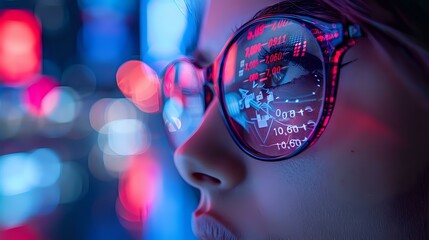 Dramatic Lighting on Individual Wearing Glasses Reflecting Financial Data