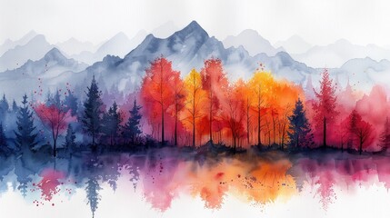 colorful illustration of trees watercolor art horizontal panoramaillustration image