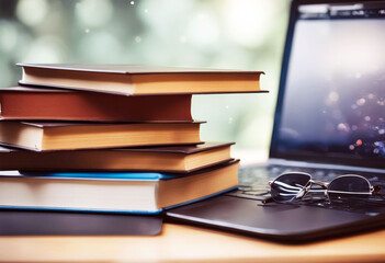 'laptop books stack book table group computer background nobody closeup business equipment board...