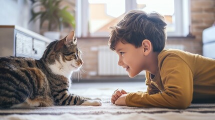A young boy and his cat playing a game of patty-cake, both happily engaged.