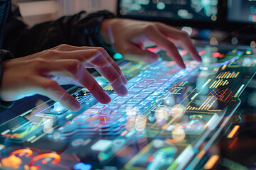 Close-up of hands typing on a futuristic transparent keyboard, with holographic screens floating above the desk
