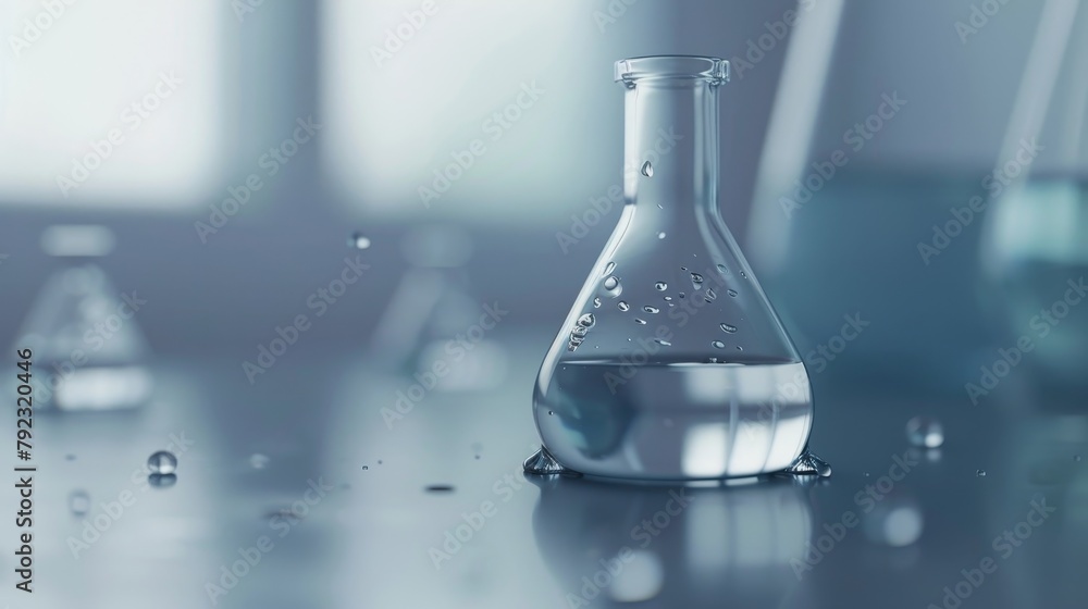 Poster an erlenmeyer conical flask with solution in chemistry laboratory.