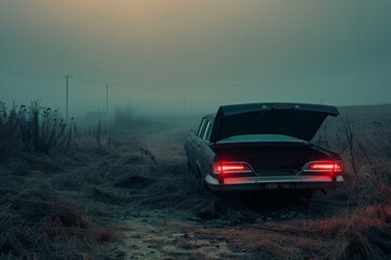 Deserted car in countryside with open trunk at night in misty dangerous area