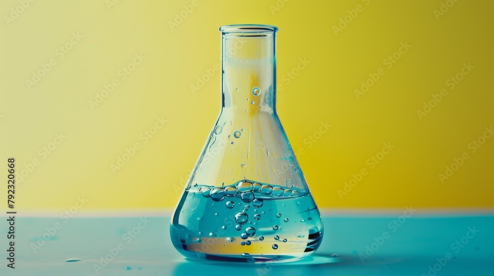 Poster an erlenmeyer conical flask with solution in chemistry laboratory.