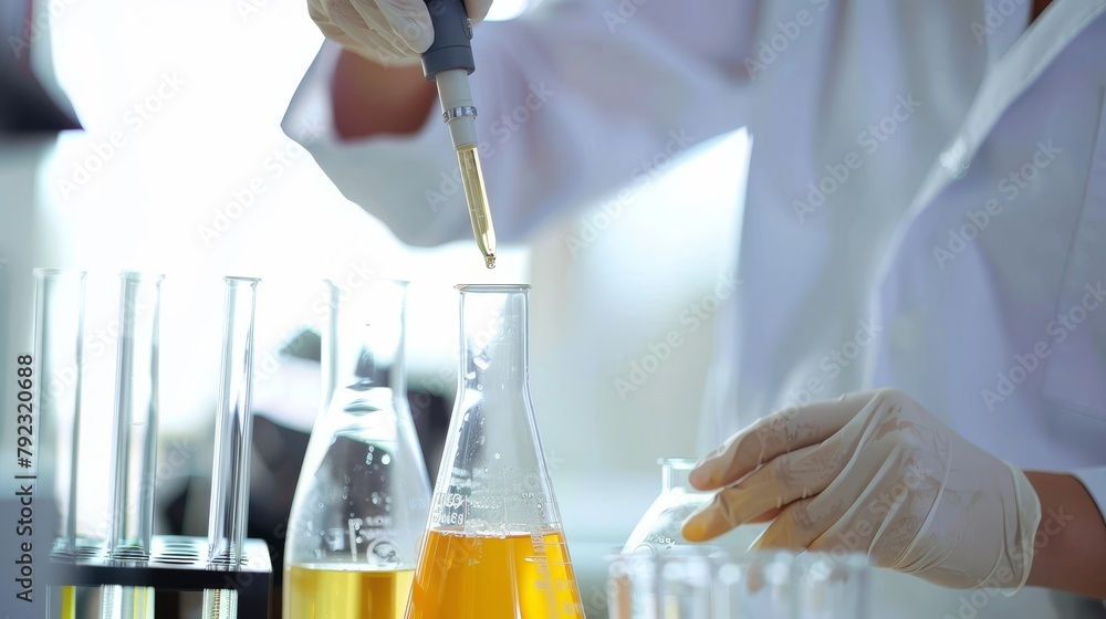 Poster an erlenmeyer conical flask with solution in chemistry laboratory.