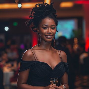Beautiful black women african american in gala dress, all smiles dreds hair black dress 