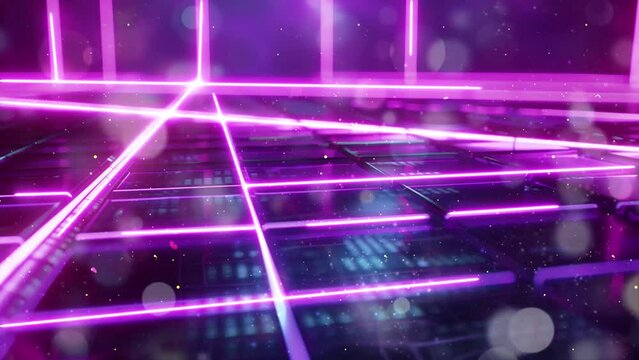 retro style cgi animation purple grid neon land. seamless looping overlay 4k virtual video animation background