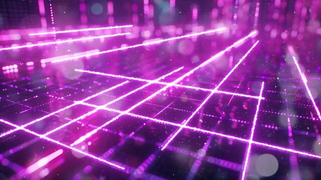 futuristic technology illustration. retro style cgi animation purple grid neon land. seamless looping overlay 4k virtual video animation background