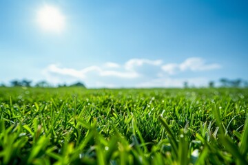 Obraz premium Detailed view of grass under sun Sky in distance Focus on grass