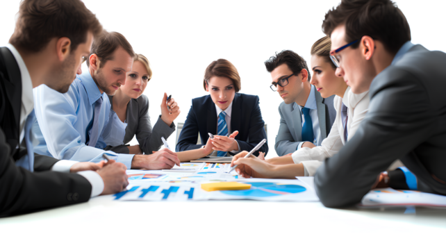 Group of business people meeting analysis financial isolated on a transparent background
