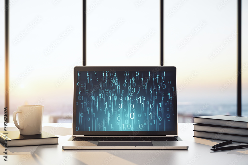 Aufkleber Creative concept of binary code illustration on modern laptop screen. Big data and coding concept. 3D Rendering