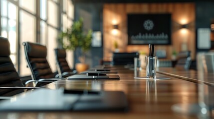 A close-up of a wooden conference table. - obrazy, fototapety, plakaty
