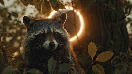 racoon in front of a loser eclipse, 8K, realistic, ARRI ALEXA , professional color grading - obrazy, fototapety, plakaty