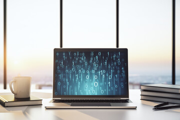 Creative concept of binary code illustration on modern laptop screen. Big data and coding concept....