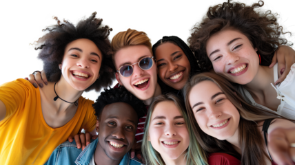 A group of diverse friends taking a selfie isolated on a transparent background