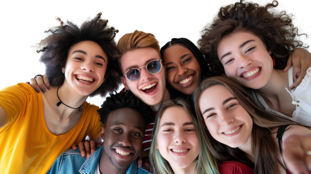 A group of diverse friends taking a selfie isolated on a transparent background