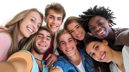 A group of diverse friends taking a selfie isolated on a transparent background