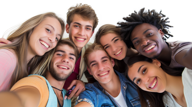 A group of diverse friends taking a selfie isolated on a transparent background