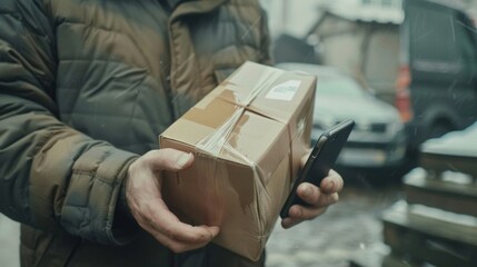 A man in a winter jacket holds a parcel and a smartphone on a snowy day, possibly coordinating a delivery.