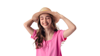 Hoppy teenage young woman ready for summer wearing hat isolated on a transparent background