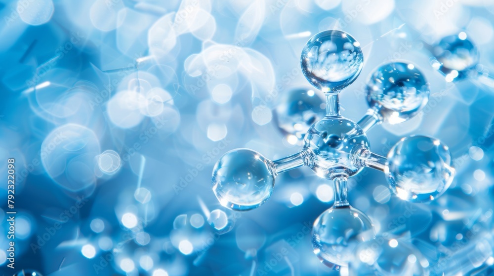 Poster conceptual image of a molecular model with a blue bokeh background.