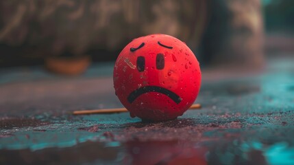 Red ball with a sad face on it in the rain.