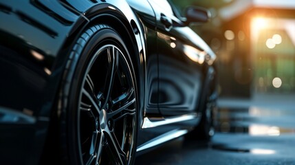 A sports car with black wheels parked in a garage. - obrazy, fototapety, plakaty