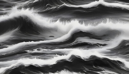 Abstract black and white ocean landscape painting.