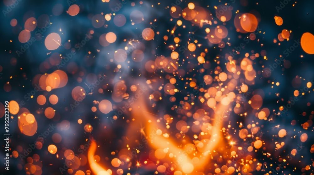 Poster fiery sparks flying amidst glowing bokeh, creating an abstract and energetic background of light and