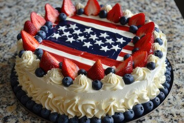american flag cake. Cake decorated with strawberries, blueberries and whipped cream, in the colors of the American flag, in honor of the 4th of July