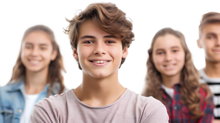 A happy young man of teenage boy in front of his friends isolated on a transparent background