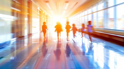 Motion blur of busy people walking through a bright, sunlit corridor with reflections on the floor.