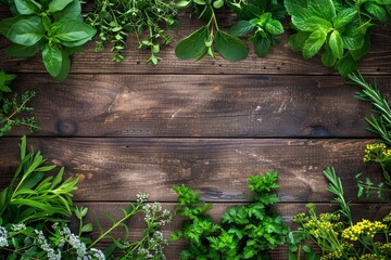 Fresh herbs on wooden table seen from above