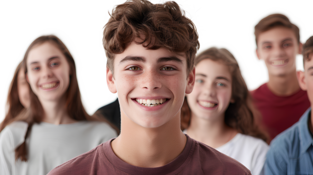 A happy young man of teenage boy in front of his friends isolated on a transparent background