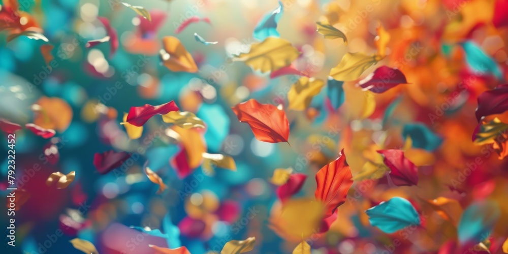 Poster a vibrant and dynamic display of multicolored flower petals suspended in mid-air with a blurred back