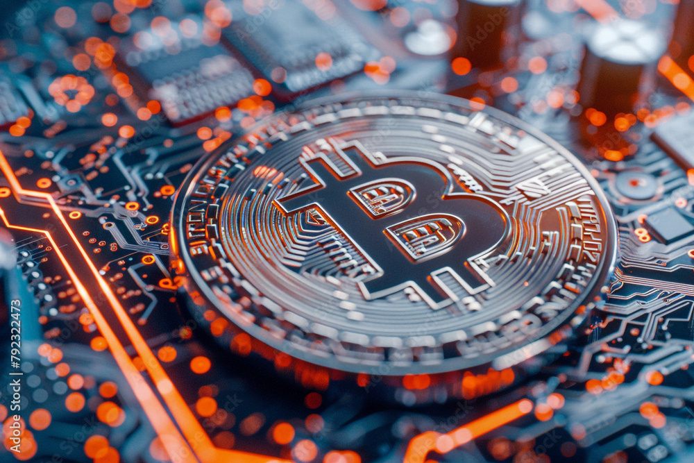 Poster close-up on a 3d bitcoin coin on a circuit board