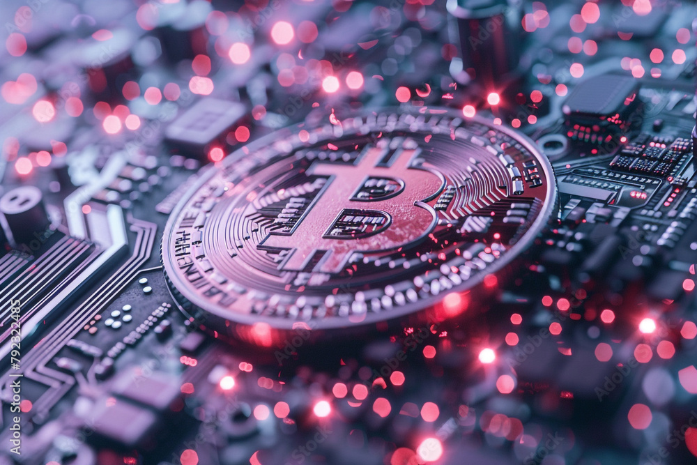 Poster close-up on a 3d bitcoin coin on a circuit board